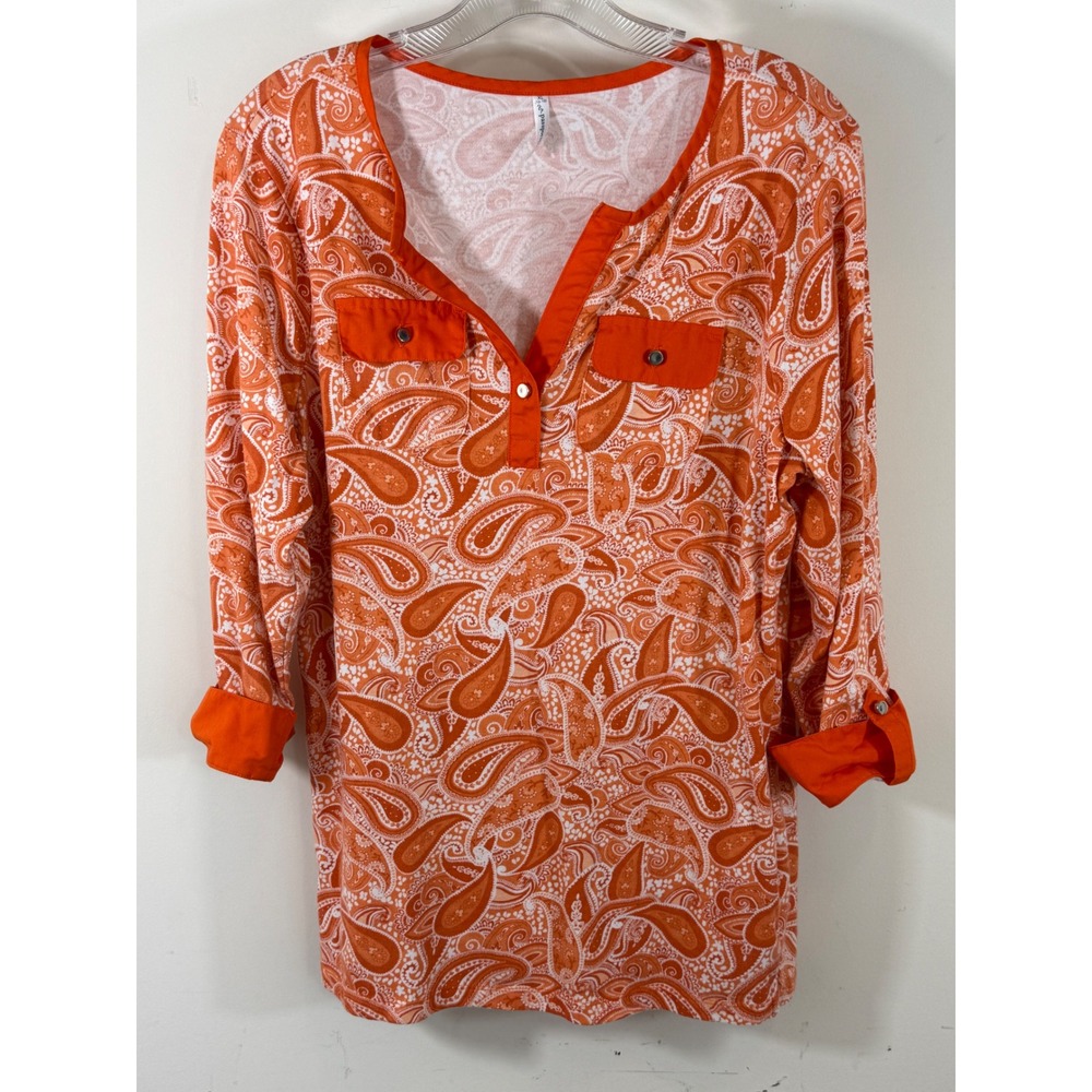 Passport's Women's XL 16 Orange Paisley Tunic Top Boho Fall Cottagecore